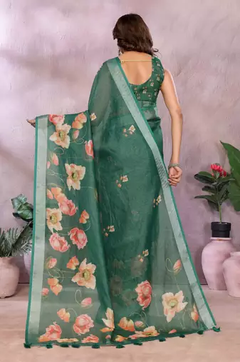 Green printed art silk designer pallu saree