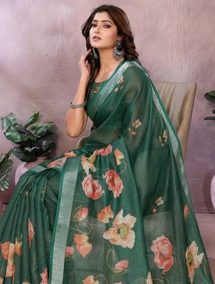 Green printed art silk designer pallu saree 4