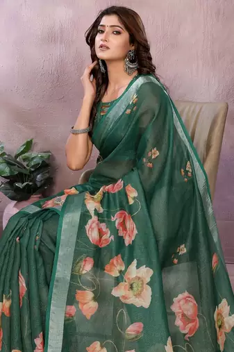 Green printed art silk designer pallu saree