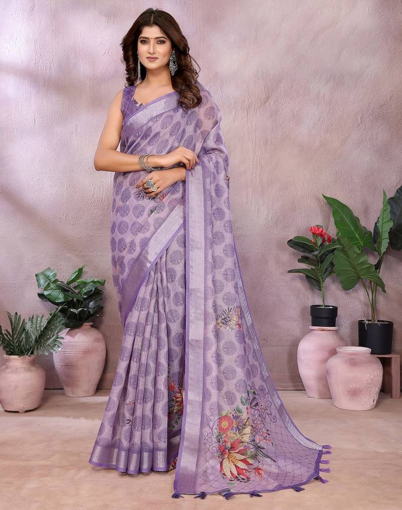 Light lavender printed art silk designer pallu saree