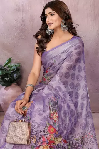 Light lavender printed art silk designer pallu saree