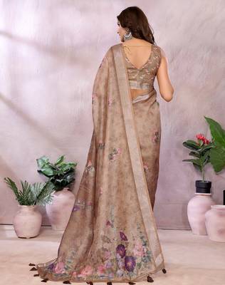 Brown printed art silk designer pallu saree 3