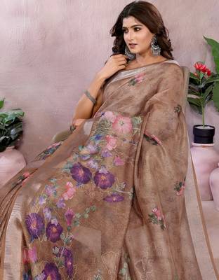 Brown printed art silk designer pallu saree 4