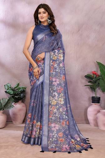 Purple printed art silk designer pallu saree