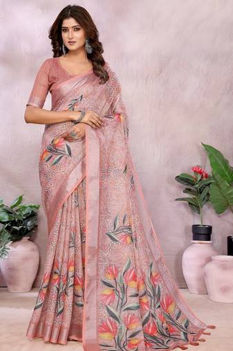 Peach printed art silk designer pallu saree