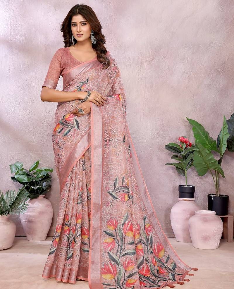Peach printed art silk designer pallu saree