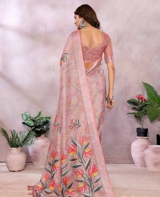 Peach printed art silk designer pallu saree 3