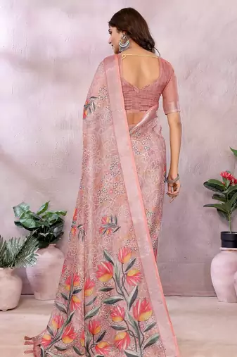 Peach printed art silk designer pallu saree