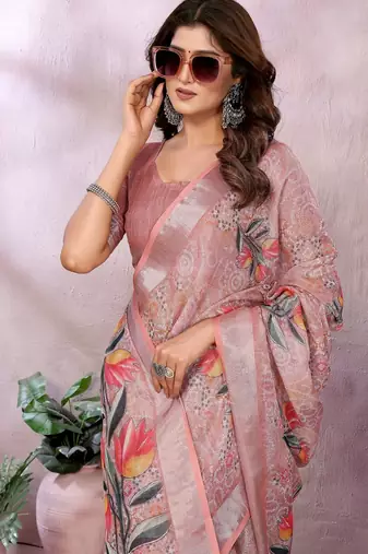 Peach printed art silk designer pallu saree