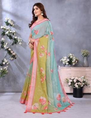 Light sky blue printed art silk designer pallu saree 2