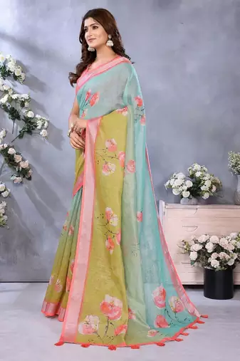 Light sky blue printed art silk designer pallu saree