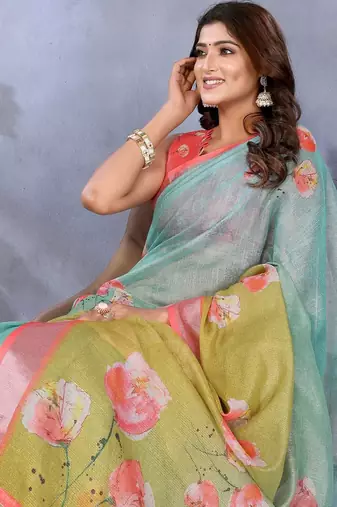 Light sky blue printed art silk designer pallu saree