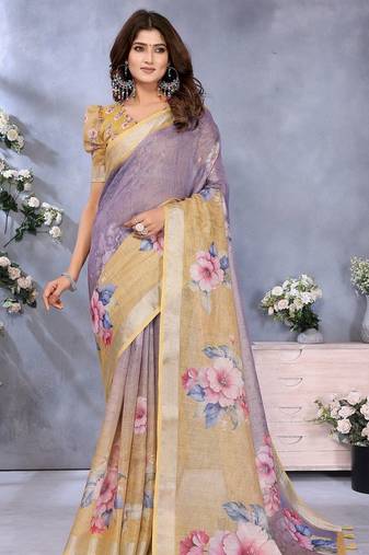 Light purple printed art silk designer pallu saree
