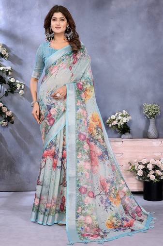 Light sky blue printed art silk designer pallu saree