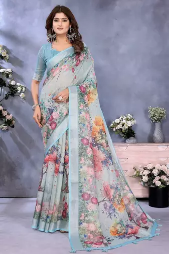 Light sky blue printed art silk designer pallu saree