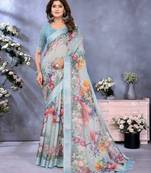 Light sky blue printed art silk designer pallu saree