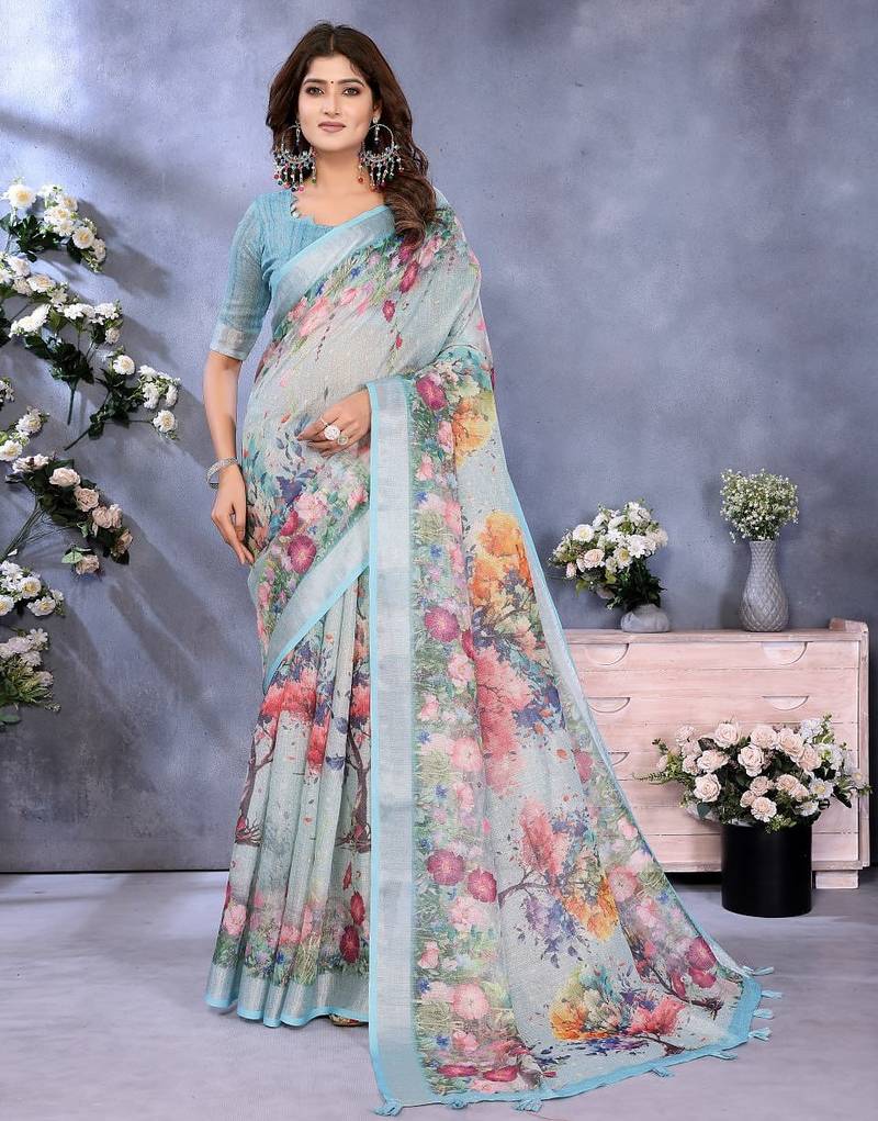 Light sky blue printed art silk designer pallu saree