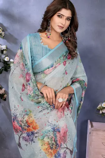 Light sky blue printed art silk designer pallu saree