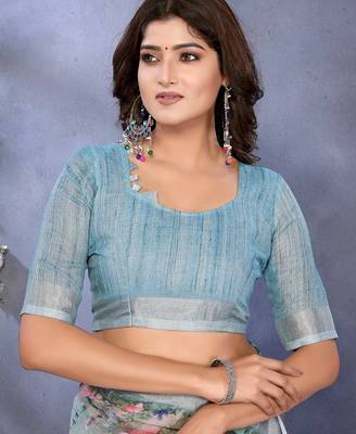 Light sky blue printed art silk designer pallu saree 5
