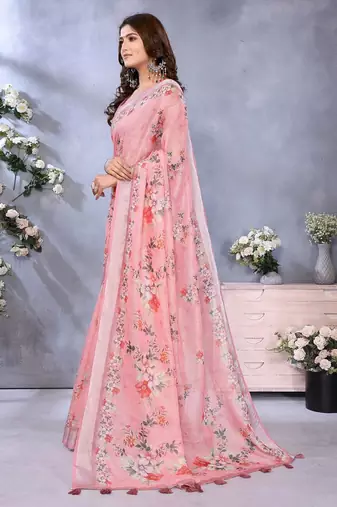 Baby pink printed art silk designer pallu saree