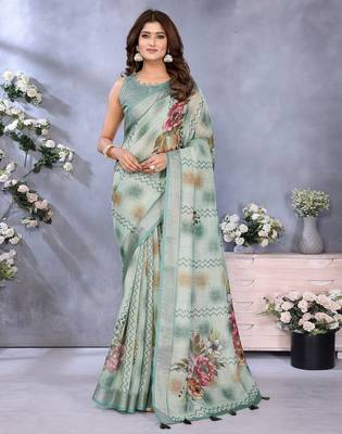 Light green printed art silk designer pallu saree 1