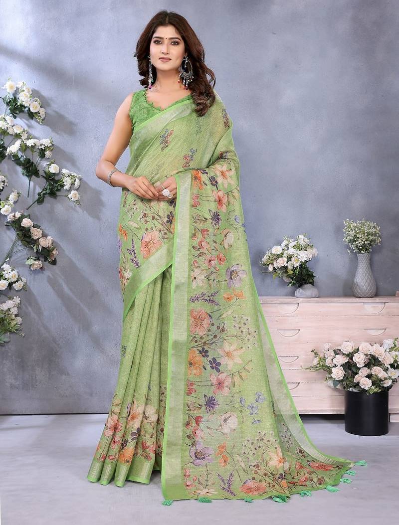 Light parrot green printed art silk designer pallu saree