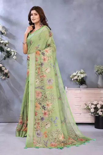Light parrot green printed art silk designer pallu saree