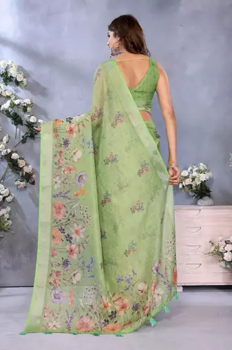 Light parrot green printed art silk designer pallu saree