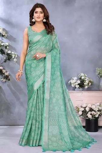 Light sky blue printed art silk designer pallu saree