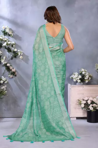 Light sky blue printed art silk designer pallu saree