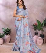 Light blue printed art silk designer pallu saree