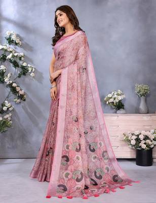 Baby pink printed art silk designer pallu saree 2