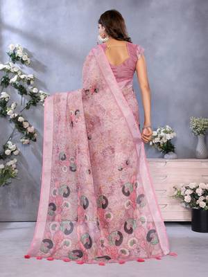 Baby pink printed art silk designer pallu saree 3