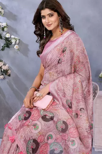 Baby pink printed art silk designer pallu saree