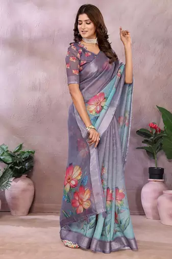 Onion pink printed art silk designer pallu saree