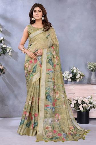 Lime printed art silk designer pallu saree