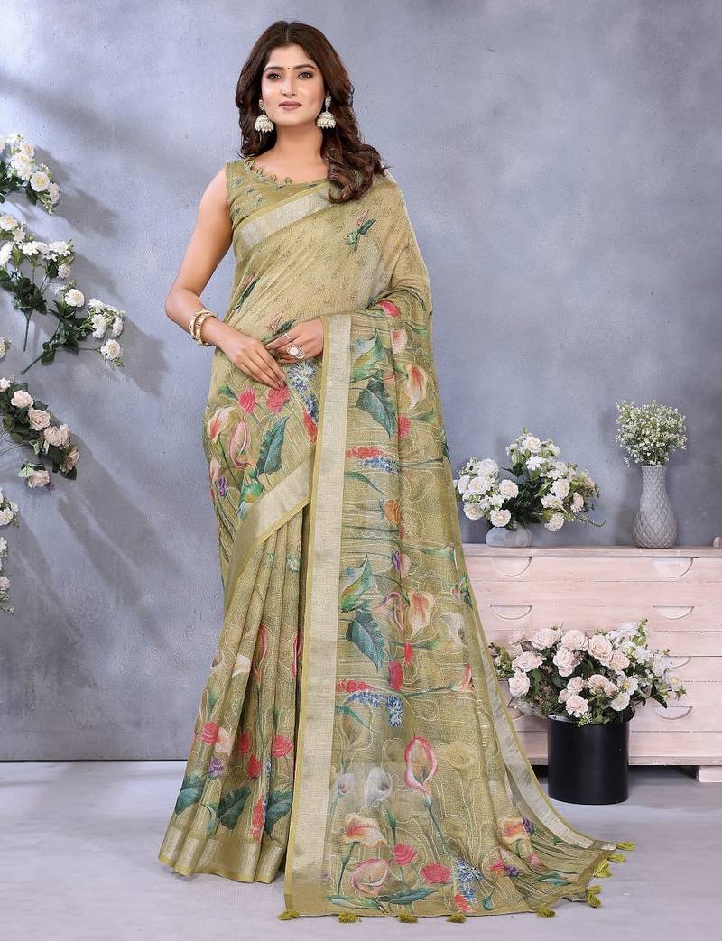 Lime printed art silk designer pallu saree