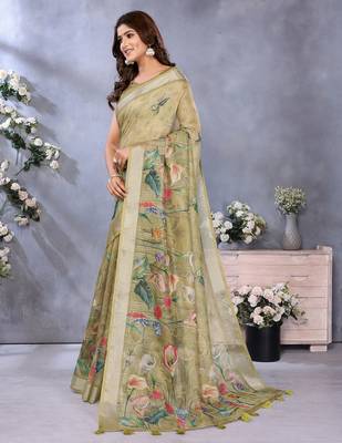 Lime printed art silk designer pallu saree 2