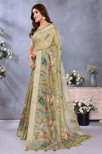 Lime printed art silk designer pallu saree
