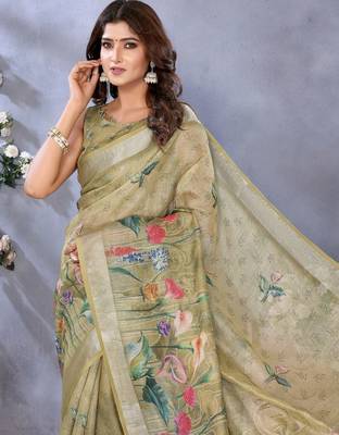 Lime printed art silk designer pallu saree 4