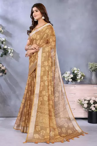 Mustard printed art silk designer pallu saree