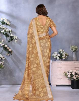 Mustard printed art silk designer pallu saree 3