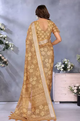 Mustard printed art silk designer pallu saree