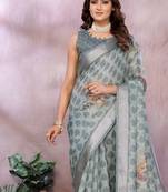 Light grey printed art silk designer pallu saree