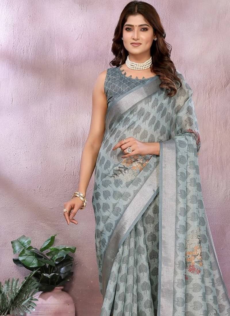 Light grey printed art silk designer pallu saree