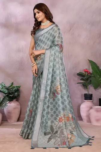 Light grey printed art silk designer pallu saree