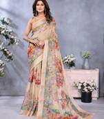 Cream printed art silk designer pallu saree