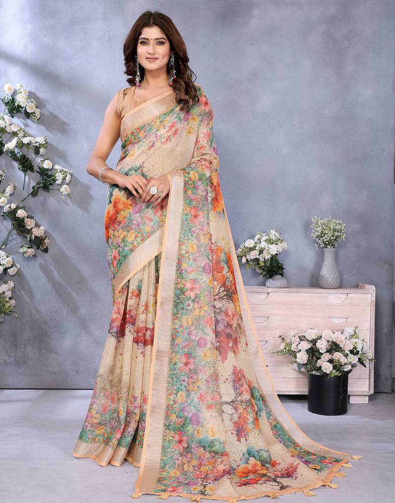 Cream printed art silk designer pallu saree