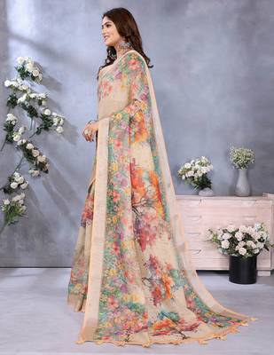 Cream printed art silk designer pallu saree 2