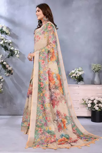 Cream printed art silk designer pallu saree